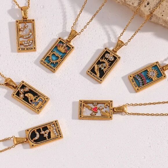 The Wheel Tarot Card Pendant Necklace 18K Gold Enamel Rectangle Stainles… - Picture 5 of 6